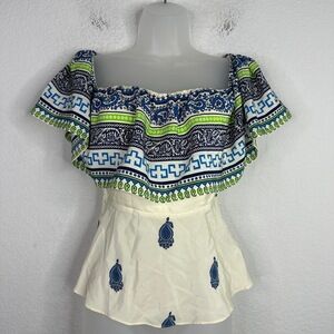 Amanda Uprichard Shirt Womens Small Silk Paisley Ruffle Off-Shoulder Boho Blouse